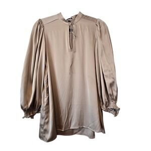 Theory Hilda Silk Balloon Sleeve Blouse Womens MED Taupe Career Quiet Luxury